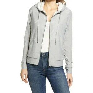 Bobeau Jacquard Zip Up Jacket Grey Star Womens XS Fleece Lined Hoodie Pocket NWT
